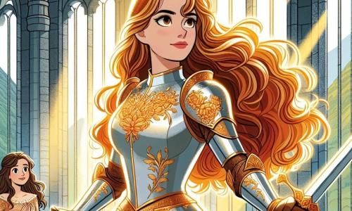 Una coraggiosa cavaliere, Sir Rowena, si erge fiera al centro della scena. È una donna di circa trent'anni, con lunghi capelli ondulati, brillanti come l'oro sotto il sole. La sua armatura scintillante, decorata con motivi floreali, riflette la luce, mentre un'espressione determinata illumina il suo volto. Brandisce una spada scintillante, pronta ad affrontare le sfide che l'attendono. Accanto a lei, la principessa Elyana, una giovane donna di circa 20 anni, con capelli castani e occhi pieni di speranza, è liberata dalle sue catene. Indossa un abito semplice ma elegante, e il suo viso esprime profonda gratitudine verso Rowena. Lo sfondo è un antico castello con muri di pietra grigia, invasi dalla vegetazione. Grandi finestre gotiche lasciano filtrare raggi di luce dorata, illuminando la sala. La scena principale mostra Rowena, in una postura eroica, mentre libera la principessa Elyana, con una luce splendente che emana dalla loro unione, simboleggiando speranza e coraggio.