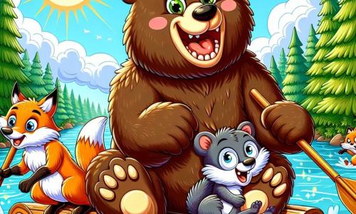 Un grande orso bruno, con un pelo spesso e setoso, si trova al centro dell'immagine, con un sorriso gioioso e occhi scintillanti di eccitazione. Sta remando su una zattera fatta di tronchi d'albero, circondato da acqua scintillante. Alla sua destra, una volpe astuta con un pelo vivace e occhi maliziosi scoppia a ridere, le zampe in aria, pronta a tuffarsi in acqua. A sinistra, un piccolo riccio paffuto, con le spine ben in ordine, sembra sorpreso e un po' preoccupato, tenendosi saldamente alla zattera per non cadere. Sullo sfondo, un lago tranquillo è circondato da alberi verdi lussureggianti, e il cielo è di un blu brillante, punteggiato da nuvole bianche e soffici. La scena mostra l'orso e i suoi amici in piena avventura, ridendo e divertendosi, mentre la zattera oscilla pericolosamente, pronta a capovolgersi sotto il peso della loro gioia.