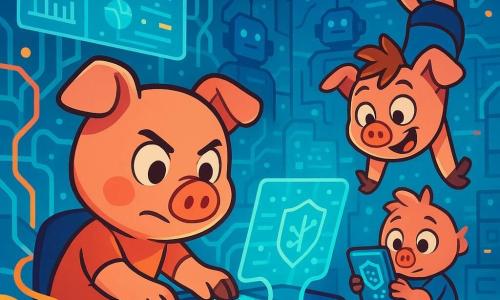 En un rincón animado de Robópolis, Pablito, un pequeño cerdito rosa con ojos brillantes y orejas redondas, muestra una expresión decidida y valiente. Está sentado frente a una pantalla holográfica, tecleando rápidamente en un teclado futurista, rodeado de cables luminosos. A su lado, Carlitos, otro cerdito con un mechón de pelo desordenado y una sonrisa traviesa, realiza acrobacias para distraer a los robots de seguridad, con sus patas ágiles en el aire. Luisito, el tercer cerdito, está al fondo, concentrado en un dispositivo antivirus que sostiene entre sus patas, con los ojos brillantes de concentración. El escenario es una sala de control futurista, llena de luces intermitentes, paneles de vidrio transparente y circuitos coloridos que se entrelazan como raíces de árboles. Hologramas flotan a su alrededor, mostrando datos complejos e imágenes de la ciudad. La situación principal muestra a los tres cerditos en plena acción, unidos en su misión de salvar Robópolis de un virus maligno, ilustrando el espíritu de equipo y el coraje frente a la adversidad.