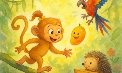 Der flinke Affe Mila, fröhlich und schelmisch, mit runden verschmitzten Augen, glänzend braungoldenem Fell und einer Banane als Haarschmuck, springt auf einen Ast, Arme ausgestreckt, Schwanz eingerollt, fixiert auf eine lächelnde Mango; ein Papagei mit sehr buntem Gefieder (Rot, Blau, Gelb), leicht panisch aber komisch, hängt kopfüber an einer Liane über dem Affen und schlägt leicht mit den Flügeln, als rufe er um Hilfe; ein sauberer, gepflegter Igel, klein, mit ordentlich angelegten Stacheln und einer Mini-Kammsammlung, sitzt am Waldboden neben einer Holzkiste mit der Aufschrift BITTE NICHT SCHÜTTELN! und zieht besorgt die Nase hoch; die Szene spielt in einer hellen Dschungellichtung mit smaragdgrünen Blättern, hängenden Lianen, gelben Lichtflecken, rotbraunem Laub und bunten Blumen und wirkt lustig und leicht surreal, weil der Affe eine lachende Mango neben einer geheimnisvollen Kiste entdeckt.