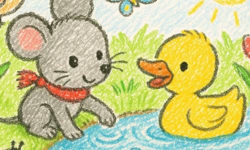 Mila, eine kleine graue Maus, fröhlich und neugierig mit schwarzen Augen und Schnurrhaaren, trägt einen roten Schal und hat eine Pfote im Bach; Emma, eine gelbe Ente mit orangefarbenem Schnabel, schwimmt rechts nahe bei ihr; ein blau-gelber Schmetterling fliegt über Mila, links auf dem Gras hüpft ein lebhafter brauner Spatz, im Vordergrund klettert ein roter Marienkäfer mit schwarzen Punkten auf ein Blatt; Schauplatz: Frühlingswiese mit zartgrünem Gras, bunten Blumen (Gänseblümchen, Tulpen), einem glitzernden Bach und blauem Himmel mit warmen Sonnenstrahlen; Stimmung: friedlicher Frühlingsmoment mit freundlichen Interaktionen und leuchtenden Farben im einfachen Buntstift-Kinderzeichenstil.
