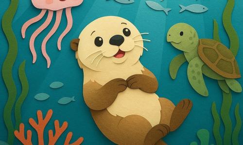 A young sea otter (main character) with cream-and-brown fluffy fur, bright round eyes and delicate whiskers, joyful and focused, floats peacefully on its back with crossed paws, gazing up at the seascape; a friendly translucent pink jellyfish, Luna, with ribbon-like tentacles and a gentle encouraging expression, pulses nearby; a wise old sea turtle, Maren, with a rough green-and-brown patterned shell, calm and watchful, drifts slightly behind as a silent mentor; a swarm of silvery sardines forms a swirling school around them, suggesting collective support; the scene is a bright underwater setting with sunbeams through turquoise water, green kelp forests, colorful anemones and layered paper-cut corals; main situation: the otter is learning to float without touching anything, a moment of calm cooperation, centered composition, vivid colors and visible paper-cut textures.