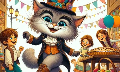De Gelaarsde Kat, een elegante kat met een zijdezachte vacht en glanzende laarzen, staat in het midden van het podium met een brede glimlach van vastberadenheid. Zijn sprankelende ogen vol intelligentie en ondeugd stralen onder een hoge hoed versierd met een kleurrijke veer, terwijl hij vrolijk danst en de kinderen uitnodigt om zich bij hem te voegen. Rechts van hem kijkt een jonge jongen van ongeveer 10 jaar, met rommelig bruin haar en een eenvoudige tuniek, vol bewondering naar de Gelaarsde Kat, terwijl hij een grote houten lepel vasthoudt, klaar om te helpen bij het bereiden van de gigantische taart. Links staat een meisje van ongeveer 8 jaar, met lange vlechten en een kleurrijke jurk, dat glimlacht terwijl ze een mand vol verse ingrediënten vasthoudt. Ze leunt iets naar voren, opgewonden over het idee om samen met haar vrienden iets speciaals te maken. De scène speelt zich af op een levendig plein, versierd met kleurrijke slingers en houten tafels vol fruit en gebak. Ballonnen zweven in de lucht, en kinderen lachen en dansen rond een grote tafel waar een enorme taart in voorbereiding is. De hoofdactie toont de Gelaarsde Kat en de kinderen die samenkomen om een vrolijk feest te organiseren, ter viering van vriendschap en samenwerking, terwijl ze samen een reusachtige taart bereiden om iedereen te verzamelen.