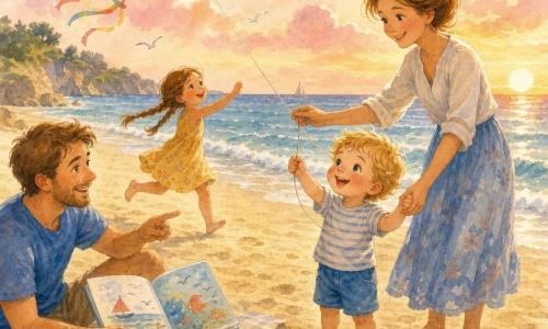 A 2-year-old boy with a round face, rosy cheeks and wispy blond hair, smiling and curious, holds a small red shovel and tries to fly a kite while his mother (about 30, fair-skinned, chestnut hair in a bun) gently holds his hand and helps with the kite string to his right; a father (about 32, light beard, blue T-shirt) sits slightly back on a striped blanket, opening an illustrated book and showing a page to the boy; a local girl (~6, brown braided hair, yellow dress) runs ahead holding the kite, lifting it energetically; golden sandy beach with small footprints, gentle blue-and-white waves, a few pink shells and a bucket by the boy, and a clear sky with pink sunset clouds; tender late-afternoon pastel watercolor atmosphere with light controlled splashes around the waves and sky.