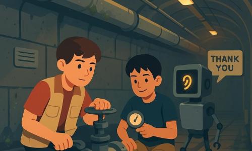 Three characters: Milo, a boy about 11 with short brown hair wearing an oversized work vest with pockets, crouched center-left near a pipe holding a clamp and looking calmly forward; Kenji, a boy about 11 with black hair, wearing a metal leg brace that clicks softly, smirking and reading a gauge, positioned to Milo’s right slightly back with hands near the pipe; Echo, a maintenance robot, non-human, matte patched gray body, square screen showing a glowing ear symbol, three thin legs and a small arm reaching for a valve, standing just in front of Milo near the intervention point with its screen facing the children. Setting: an underground futuristic city service tunnel with textured damp concrete walls, silver pipes and luminous ducts along the ceiling, bright droplets and green moss at the joints, warm amber light from recessed LED strips, worn tile floor with trolley rails. Main situation: the two boys and the robot calmly but tensely work together to stop an illegal siphon on a nutrient distribution pipe; tools are visible, a small commercial label stuck on a gray machine, and a child-height metal plate engraved “THANK YOU” fixed to the wall.