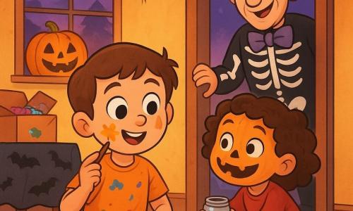 A joyful, focused 6-year-old boy with big brown eyes and short chestnut hair paints a large golden star on his left cheek while sitting cross-legged on the floor in a paint‑stained orange t‑shirt holding a small brush; his playful, laughing 3-year-old sister with curly hair and mismatched socks crouches nearby showing a small jar of silver paint she’s hiding under the table, her face painted like a pumpkin; an amused 60‑year‑old neighbor in a skeleton suit with a large bow tie stands in the doorway smiling with a hand on the handle; the living room is decorated for Halloween—fake cobweb garlands, a smiling pumpkin on the windowsill, an open costume box spilling glitter, a bat‑patterned tablecloth, warm orange light and a purple sky outside—capturing a peaceful Halloween face‑painting moment with bright colors on the floor, shared laughter, and the joyful discovery of the hidden silver paint.