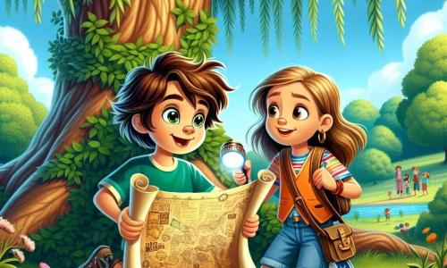A 12-year-old boy, Eli, with messy brown hair and sparkling curious eyes, is crouched by the roots of a large weeping willow. His face is lit up with excitement and wonder as he holds an ancient map scroll in his hands, carefully examining the details. Next to him is his best friend Mia, a 12-year-old girl with long blonde hair, wearing a colorful t-shirt and denim shorts. She looks at Eli with an encouraging smile, holding a flashlight that illuminates the map. The setting is a green park with a large weeping willow surrounded by wildflowers and lush grass. In the background, a clear blue sky is dotted with fluffy white clouds. The main scene shows Eli and Mia on a quest for hidden treasure, eagerly exploring the secrets the willow might reveal, while sunlight filters through the leaves, creating a magical and mysterious atmosphere.