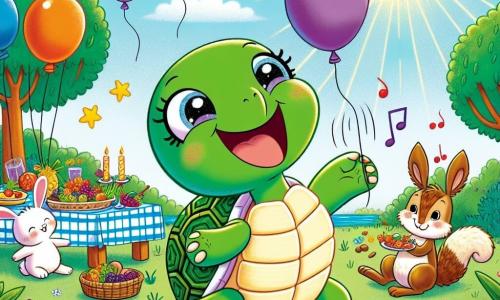 A joyful turtle named Tilly, with a green shell and sparkling eyes, dances in the center of a sunny clearing surrounded by colorful flowers. She smiles widely, her little legs keeping time with the music. To her right, Benny the rabbit, a young bunny with big ears and white fur, holds colorful balloons floating in the blue sky. To her left, Sammy the squirrel, with brown fur and a bushy tail, is placing fruits and nuts on a checkered tablecloth. The clearing is bordered by lush trees, with sunlight filtering through the leaves, creating a festive atmosphere. Tilly, Benny, and Sammy are celebrating a joyful party filled with laughter and music, with balloons flying in the sky.