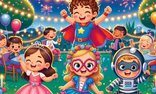 In un parco festivo illuminato da luci scintillanti, quattro bambini si preparano a festeggiare il Capodanno. Matteo, un ragazzo di dieci anni con i capelli ricci e un sorriso luminoso, è al centro, vestito da supereroe rosso e blu, alzando le braccia con entusiasmo. Alla sua sinistra, Sara, una ragazza di nove anni con occhiali a forma di cuore e capelli biondi, balla felicemente in un vestito da principessa rosa. A destra, Giulia, una ragazza di dieci anni con i capelli castani legati in coda di cavallo, è travestita da pirata con una fascia nera, ridendo mentre tiene un piatto di dodici chicchi d'uva. Infine, Luca, un ragazzo di dieci anni in sedia a rotelle, è vestito da astronauta con un casco argentato, sorridente e pronto a unirsi alla festa. Il parco è decorato con luci colorate e palloni, con tavoli pieni di deliziose merende come pizzette e panettoni. In lontananza, i fuochi d'artificio iniziano a esplodere nel cielo stellato, illuminando la scena di magia festiva. I bambini si preparano a partecipare a una corsa per mangiare dodici chicchi d'uva a mezzanotte, ballando e ridendo insieme, creando un'atmosfera gioiosa e piena di energia per accogliere il nuovo anno.