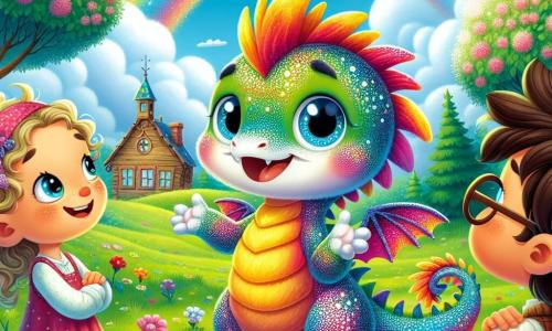 Zuzu, un dragon mic cu solzi strălucitori de toate culorile curcubeului, stă în centrul imaginii, zâmbind și având ochii strălucitori de entuziasm, ridicând o labă pentru a-și cere scuze prietenilor. În stânga sa, Mara, o fetiță cu părul blond și buclat, poartă o rochie roz și se uită la Zuzu cu un zâmbet cald, arătând că este fericită că a auzit adevărul. În dreapta, Luca, un băiat cu părul brun și ochelari rotunzi, își încrucișează brațele cu un aer amuzat, râzând de situație, dar fiind înțelegător. Scena are loc într-o poiană verde frumoasă, înconjurată de copaci înfloriți și flori colorate, cu un cer albastru strălucitor și nori pufoși plutind ușor. În fundal, se vede o mică școală din lemn, adăugând un strop de farmec mediului. Situația principală arată cum Zuzu își mărturisește prietenilor că a mințit despre existența unei pepiniere secrete pline de comori, în timp ce prietenii săi îl ascultă atent, pregătiți să-i ofere sprijinul și prietenia lor.