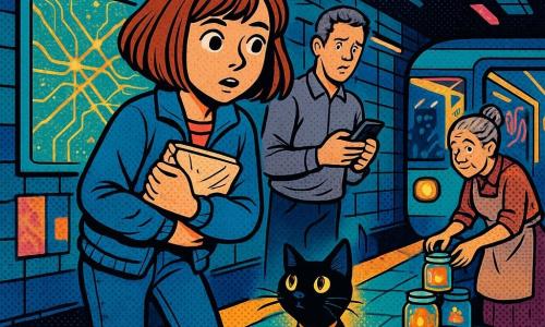 Maia, 12 anos, expressão de curiosidade maravilhada e leve surpresa, cabelo castanho claro em corte bob, jaqueta azul petróleo, jeans gasto, segura um caderno contra o peito e avança com passo hesitante; um gato preto de pelo lustroso, pequeno e esguio, com uma medalha dourada em forma de semáforo presa a uma coleira fina, está sentado à sua frente convidando-a a segui‑lo; o pai de Maia, cerca de 40 anos, cabelo sal e pimenta, camisa cinza, segura um telefone e observa distraído alguns passos atrás, com ar preocupado; uma vendedora de rua, mulher de cerca de 60 anos, cabelo preso em coque e avental empoeirado, empilha potes de vidro com pequenas luzes brilhantes ao lado, perto do cais; a estação de metrô noturna e colorida tem azulejos brilhantes, painéis neon rosa e turquesa, cartazes desbotados com padrões geométricos e um grande mapa mural de linhas luminosas como fios de luz; cena principal: Maia hesita no cais diante do gato que a convida, o mapa mural cintila como se os trajetos virassem fios luminosos e um trem que chega reflete na janela um beco secreto com grafites vivos — atmosfera urbana mágica, contrastes saturados, iluminação dramática e sombras suaves.
