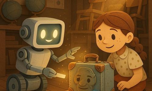 Un piccolo robot assistente di biblioteca giocattolo dal corpo bianco perlaceo con ruote grigie e uno schermo quadrato che mostra una faccina luminosa, espressione emozionata e determinata, tende un braccio metallico verso una valigia brillante che emette una tenue luce; accovacciata accanto a lui una bambina di circa 9 anni con treccia castana, grembiule a pois leggermente stropicciato e sguardo curioso e sorridente, tiene una gomma e una matita come se avesse appena scritto un'etichetta; una vecchia valigia metallica patinata con angoli in pelle consumata e un piccolo pulsante luminoso blu con la scritta OGGI riposa su una cassa di legno al centro della scena; il tutto in un vecchio magazzino scolastico illustrato a carta ritagliata con assi scricchiolanti, globi impolverati, pile di sedie e raggi di luce dorata nella polvere; momento calmo e magico in cui robot e bambina hanno appena riparato l'etichetta della valigia temporale, atmosfera calda con polvere scintillante e contrasti tra toni caldi del legno e pelle e freddi metallici, composizione centrata ed espressioni e gesti chiaramente leggibili.