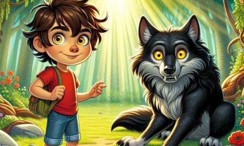 In het midden van de afbeelding staat een 9-jarig jongetje genaamd Daan, met rommelig bruin haar en nieuwsgierige ogen, dapper voor een grote zwarte wolf. Daan draagt een rood t-shirt en een spijkerbroekshort, en hij glimlacht vastberaden terwijl hij een kleine rugzak vol koekjes vasthoudt. Naast hem zit de Grote Boze Wolf met heldere gele ogen en scherpe tanden, met een verraste en nieuwsgierige uitdrukking. Hij zit op een steen, zijn grote voorpoten op de grond, en kijkt Daan aan met een opkomende vriendschapsglans. De achtergrond toont een betoverende open plek in een dicht bos, waar zonlicht door de groene bladeren filtert en gouden patronen op de grond creëert. Kleurrijke bloemen omringen de open plek en vogels zingen vrolijk in de bomen. De belangrijkste situatie toont Daan en de wolf die elkaar leren kennen, waarbij Daan een vriendelijke hand naar de wolf uitsteekt, klaar om een onverwachte vriendschap voor te stellen, terwijl de wolf, aanvankelijk wantrouwend, begint te ontspannen en te glimlachen.