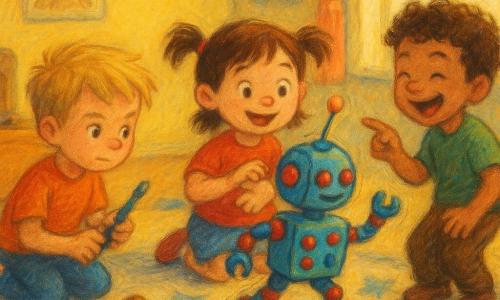 Ein fröhliches, staunendes 4‑jähriges Mädchen mit kurzen kastanienbraunen Zöpfen spielt lächelnd auf einer kleinen Tamburinette und schaut einen tanzenden Roboter an; links neben ihr kniet ihr 6‑jähriger großer Bruder mit blonden, zerzausten Haaren, konzentriert und stolz, hält einen Plastikschraubenzieher, rechts leicht hinter ihr steht ihr verschmitzter 5‑jähriger Bruder mit lockigen braunen Haaren und kitzelt den Roboter; der kleine, metallische, bunte Roboter mit runden roten und blauen Knöpfen, beweglichen Armen und vibrierender Antenne springt und dreht sich mitten unter den Kindern; das helle Zimmer hat einen weichen Sternenteppich, eine offene Holzkiste mit Spielzeug, verstreute Plüschtiere, Tierposter an den Wänden und warmes Morgenlicht am Fenster — die Szene zeigt eine freudig-chaotische Tanzparty mit lachenden Kindern, übertriebenen Bewegungen, kräftigen Farben, pastelligen Texturen, weichen Konturen und einer warmen, verspielten Stimmung.