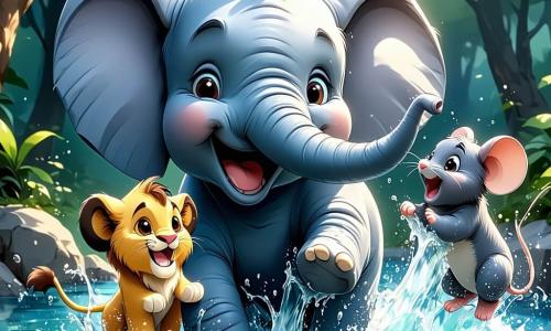 Ein fröhlicher Elefant namens Emil mit großen runden Ohren und einem strahlenden Lächeln springt in das Wasser eines wunderschönen großen Wasserfalls und spritzt glitzernde Tropfen um sich herum. Neben ihm lacht ein kleiner Löwe namens Leo mit einer goldenen Mähne und funkelnden Augen, während er ins Wasser springt, während eine kleine Maus namens Mimmi mit grauem Fell und neugierigen Augen sich hinter einem großen Blatt versteckt, bereit zu springen. Der Ort ist ein tropisches Grün mit bunten Blumen und großen Bäumen, während die untergehende Sonne den Himmel in orange und rosa Tönen erleuchtet. Die Szene zeigt die Freundschaft und Freude der Tiere, während sie zusammen im kühlen Wasser des Wasserfalls Spaß haben und eine verspielte, lebendige Atmosphäre schaffen.