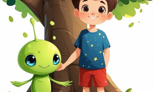 Ein 7-jähriger Junge namens Felix mit zerzausten braunen Haaren und neugierigen Augen steht vor einem großen Baum. Er trägt ein blaues T-Shirt mit Sternen und eine rote Shorts, und sein Gesicht zeigt spürbare Aufregung, während er einen kleinen Außerirdischen entdeckt. Der Außerirdische, Zog, ist ein kleines grünes Wesen mit großen leuchtenden Augen und einer runden Form, das leicht über dem Boden schwebt. Er lächelt fröhlich, die Arme offen, als wäre er bereit für eine Umarmung. Der Ort ist ein sonniger Park mit einem dicken Baumstamm, bunten Blumen und einem blauen Himmel mit flauschigen weißen Wolken. Im Hintergrund sieht man einen funkelnden kleinen Teich, in dem Frösche fröhlich springen. Die Hauptsituation zeigt Felix und Zog, die miteinander sprechen, während Felix auf die Richtung eines Teiches zeigt, während Zog interessiert aussieht, bereit, Felix auf ein neues Abenteuer zur Suche nach der Glibbberon-Kristallkugel zu folgen.