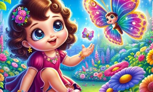 Una bambina di un anno, con grandi occhi brillanti e capelli ricci, è seduta in un giardino colorato, circondata da fiori vivaci. Sorride con meraviglia, allungando la mano verso una farfalla magica. La farfalla, con ali scintillanti dai colori vivaci, vola gioiosamente attorno a lei, illuminando l'aria con la sua magia. Il giardino è pieno di fiori multicolori, farfalle danzanti e un cielo blu splendente, creando un'atmosfera incantata. La scena principale mostra Sofia, la bambina, mentre scopre la farfalla magica che la invita a un'avventura nel Bosco Incantato, simboleggiando l'innocenza e la curiosità dell'infanzia.