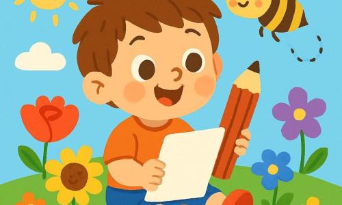Un bambino di 2 anni, di nome Leo, con capelli castani in disordine e occhi pieni di curiosità, è seduto su un tappeto di fiori colorati in un giardino soleggiato. Sorride gioiosamente, tenendo un grande foglio bianco e un enorme pastello, pronto a disegnare. Accanto a lui, un'ape sorridente, con strisce gialle e nere, vola intorno a Leo, invitandolo all'avventura. Il giardino è pieno di fiori dai colori vivaci, come rose rosse, girasoli gialli e delicate violette, sotto un cielo azzurro chiaro punteggiato da alcune nuvole bianche e soffici. In questa scena, Leo, incuriosito dall'ape, si prepara a seguirla in un'avventura divertente, lasciando da parte i suoi compiti per esplorare il giardino magico pieno di risate e colori.