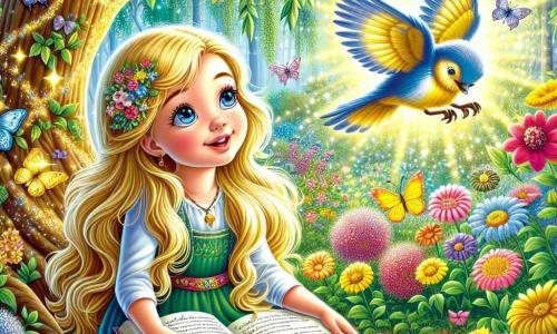 Ein fünfjähriges Mädchen namens Lila, mit langen goldenen Haaren, die in der Sonne glänzen, sitzt unter einem großen Baum mit schimmernden Blättern. Sie hat neugierige, strahlende Augen und ein leuchtendes Lächeln, während sie ein aufgeschlagenes Buch auf ihrem Schoß hält und in die Geschichte vertieft ist. Neben ihr sitzt ein bunter Vogel, der Weisheitsvogel, mit leuchtend blauen und gelben Federn, auf einem Ast und schaut Lila wohlwollend an. Er scheint bereit, ihr wichtige Fragen über das Leben zu stellen. Die Szene spielt in einem wunderschönen verzauberten Garten, gefüllt mit leuchtenden Blumen, wo Schmetterlinge in der Luft tanzen und das Sonnenlicht durch die Äste filtert und tanzende Schatten auf den Boden wirft. Lila denkt tief über Fragen der Freiheit, Freundschaft und Wahrheit nach, umgeben von der Schönheit der Natur, bereit, die Lektionen des Lebens zu entdecken.