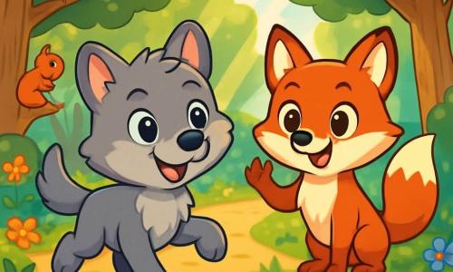 Un pequeño lobo llamado Luno, con un suave pelaje gris y ojos brillantes de curiosidad, se encuentra en el centro de la escena, sonriendo con entusiasmo. Corre alegremente a través de un claro soleado, rodeado de flores coloridas y grandes árboles verdes. A su derecha, una pequeña zorra llamada Zara, con un pelaje rojo vivo y ojos chispeantes de inteligencia, lo anima con una cálida sonrisa, levantando una pata para mostrar su apoyo. El lugar es un claro animado en un bosque encantado, bañado de luz dorada, con rayos de sol filtrándose a través de las hojas de los árboles, creando patrones danzantes en el suelo. La situación principal muestra a Luno y Zara listos para comenzar una carrera alegre, simbolizando la igualdad de géneros, con animales de diferentes especies a su lado, todos mostrando expresiones de determinación y felicidad.