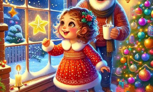 A 2-year-old girl, Mia, with curly hair and rosy cheeks, gazes in awe out the window. Her eyes shine with joy and excitement. She wears a red dress with white polka dots and striped socks. Beside her, a smiling grandfather, around 70 years old, with a white beard and round glasses, stands near the fireplace. He holds a cup of hot chocolate and winks at her. The scene takes place in a cozy living room, decorated with sparkling lights, featuring a large Christmas tree filled with colorful ornaments and golden stars. Snow gently falls outside, covering the garden in a white blanket. Mia is captivated by a shining star floating in the room, illuminating her face with a magical glow. She reaches out to touch the star, full of wonder and curiosity.