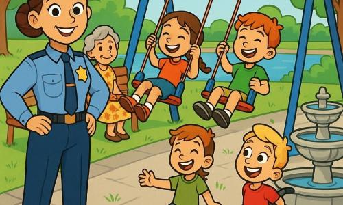 The main character is a smiling, kind female police officer with brown hair in a bun, light-blue uniform and shiny badge, hands on hips and warm eyes; an about-8-year-old boy (Alex) in a red wheelchair with short blond hair joyfully racing toward a fountain on the right; a about-7-year-old girl (Emma) with a brown braid and a about-7-year-old boy (Eli) with red hair laughing on a new swing at the park center with grass confetti; an elderly woman (Mrs. Kim), about 65, in a floral dress with styled gray hair sitting on a left bench smiling; the setting is a bright urban riverside park with repaired paving, smooth paths, colorful swings, a stone fountain, green trees and a blue sky with a few soft clouds; the scene shows the officer praising the children and overseeing repairs, with a joyful, safe atmosphere, vivid colors, soft lines and expressive faces focused on community and mutual aid.