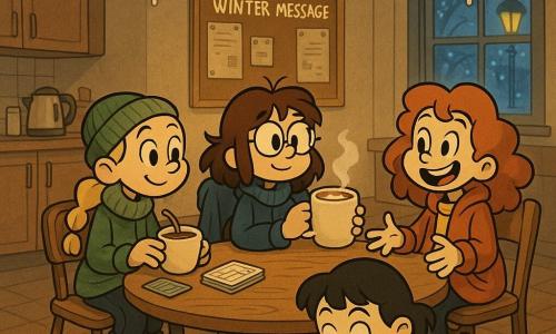 Four girls (~12–13): Maya (~13) with messy brown hair and round glasses, a dark blue coat on a chair, holding a large steaming mug of hot chocolate at the center of the round wooden table, calm and looking at the notice board; Elin (~12) with braided blonde hair and a green beanie on the left, stirring her cup with a quiz card pack open in front of her; Zara (~12) with curly red hair and an oversized red jacket on the right, smiling and animated, fairy lights reflecting on her face; Nina (~12) with short black hair sitting on the floor foreground left, concentrating with her tongue out as she builds a marshmallow tower on a paper plate. They are in a small community center activity room with mismatched chairs, warm yellow string lights and paper snowflakes, a cork notice board labeled WINTER MESSAGE, a small kitchenette with a kettle and stacked cups, and a frosted window casting blue streetlight glow; cozy winter evening, soft warm interior light contrasted with cool window light, visible textures of wool, marshmallows and wood.