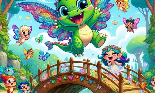 Un dragon drăguț și colorat, pe nume Flăcărică, cu solzi verzi strălucitori și aripi mari desfăcute, zâmbește vesel în timp ce zboară deasupra unui pod frumos din lemn construit peste un pârâu strălucitor. Lângă el, o zână delicată, Luminica, cu aripi de fluture multicolore și o rochie strălucitoare, își ridică brațele cu entuziasm, exprimându-și mândria și bucuria de a fi reușit să construiască podul cu ajutorul prietenilor ei. Spiriduși, mici ființe cu părul colorat și fețe rotunde, stau în jurul podului, zâmbind și aplaudând, arătându-și fericirea și uimirea față de această realizare colectivă. Locul este o pădure fermecată, plină de copaci majestuoși cu frunze strălucitoare, flori colorate și un cer albastru deschis presărat cu nori pufoși. Situația principală arată cum Flăcărică și Luminica sărbătoresc succesul lor, înconjurați de prietenii lor, ilustrând spiritul de unitate și egalitate, unde toți personajele, indiferent de gen, se adună pentru a crea ceva frumos împreună.