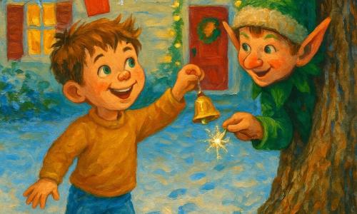 An 8-year-old round-faced boy with light freckles, short tousled chestnut hair and bright green eyes stands on tiptoe, smiling with rosy cheeks to pluck a small red card from an oak branch as a tiny mischievous elf boy with fair skin, a cheeky nose and a long green pointy hat trimmed with faux fur peeks from behind the trunk and offers a sparkling bell; behind them a cream-painted wooden house with red shutters, warm lit windows and a twinkling garland overlooks a winter garden dusted with fine white snow, children’s footprints and a low oak limb rimed with frost — a warm, sparkling scene in red, green, white and gold with visible acrylic brush textures and glittering highlights on the snow and bell.