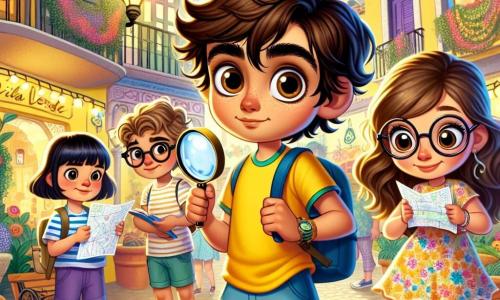 Um menino de 12 anos, Miguel, com cabelos castanhos bagunçados e olhos brilhando de curiosidade, está no centro da cena, com as sobrancelhas franzidas e uma expressão determinada. Ele veste uma camiseta amarela e um short azul, segurando uma lupa em uma mão, pronto para resolver um mistério. À sua direita, Ana, uma menina de 11 anos com cabelos longos e ondulados, usando um vestido florido, observa atentamente um mapa que segura nas mãos. Seu rosto expressa excitação, enquanto ela se inclina levemente para frente, como se estivesse procurando uma pista. À esquerda, Lucas, um menino de 12 anos com óculos redondos e uma camiseta listrada, observa ao redor com um sorriso travesso, segurando um caderno de anotações, concentrado no que vê. A cena acontece na bela praça central de Vila Verde, com flores coloridas ao redor dos paralelepípedos e uma grande fonte brilhante no centro. Luzes decorativas estão penduradas entre as árvores, criando um clima festivo, enquanto moradores curiosos os observam de longe. Miguel, Ana e Lucas estão em plena investigação, examinando pistas ao redor da fonte, determinados a resolver o mistério da Lâmpade Mágica desaparecida, com elementos de suspense e aventura no ar.