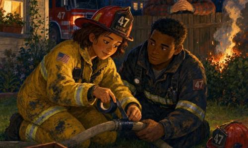 About 30-year-old female firefighter with a determined yet gentle expression, round freckled face, short chestnut hair, tilted red helmet and soot-stained shiny yellow jacket, bent over repairing a small hole in a garden hose with repair tape, hands focused and face lit by flames; about 65-year-old Mr. Thompson with messy gray hair and a plaid coat stands behind a wooden fence with hands clasped, relieved and smiling; a young male firefighter, Jake, about 28, short haircut and dirty gear, kneels nearby holding the hose and watching the repair; nighttime suburban garden with muddy lawn, overturned flower box, beige wooden house with warm window light, a red fire truck, ladders and helmets in the background and light smoke rising; controlled small blaze by a hedge with orange sparks and gray smoke, the team working calmly in solidarity, contrasted warm fire yellows and cool night blues, gouache style with visible brushstrokes and saturated colors.