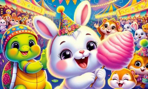 In the foreground, a cheerful little rabbit named Benny, with fluffy white fur and sparkling curious eyes, enthusiastically dances in the middle of a colorful carnival, a big smile on his face. He wears a small paper hat decorated with flower patterns. Next to him, Tilly, a wise turtle with a shell adorned with colorful ribbons, claps with a kind smile, while Leo, a mischievous squirrel with playful eyes, holds a huge pink cotton candy, laughing heartily. The setting is a vibrant carnival filled with brightly colored game stalls, twinkling lights, and floating balloons, with dancing animals and fireworks lighting up the night sky. The main scene shows Benny, Tilly, and Leo celebrating together, surrounded by a joyful crowd of animals, all immersed in the excitement and magic of the carnival, creating an atmosphere of happiness and friendship.