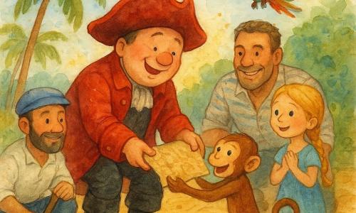 A smiling, relieved Captain Jack with a round face, large red hat and shiny black boots leans to take a crumpled map from a small monkey at the center, bathed in warm light; to his right Little Lilly, about 8, with a blonde braid and light blue dress, stands on the sand with hands clasped, amazed; Big Ben, a muscular forty-year-old with tanned skin and a rolled-up striped shirt, crouches behind the captain near a palm trunk smiling; Sailor Sam, in his thirties with a simple sailor hat, kneels left holding a shovel ready to help; Polly the parrot, bright green and red, flies above with wings spread, joyful. The island: golden sand, curved palms, green bushes, a few coconuts, blue sky with soft clouds and watercolor splashes. Main scene: friendly exchange as the monkey returns the map, mood of discovery and relief, centered composition, warm colors, soft contrasts, visible watercolor textures and small splatters to energize the image.