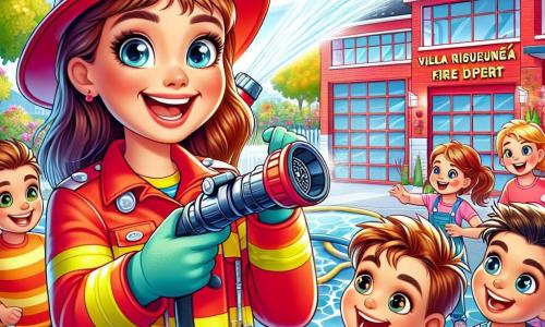 Clara, una mujer bombera sonriente y llena de energía, lleva un uniforme rojo brillante y un casco reluciente. Está mostrando a los niños cómo usar una pequeña manguera, con ojos brillantes de entusiasmo y una gran sonrisa. A su lado, Luis, un hombre de unos treinta años con cabello castaño, también lleva un uniforme de bombero y observa a los niños con orgullo, animándolos a participar en la demostración. La escena se desarrolla en el parque de bomberos de Villa Risueña, un edificio rojo rodeado de vegetación, con árboles coloridos y flores que bailan con la brisa. Al fondo, un pequeño camión de bomberos está estacionado, listo para intervenir. Los niños, de 6 a 8 años, están reunidos alrededor de Clara, con ojos desorbitados de emoción, listos para apagar un 