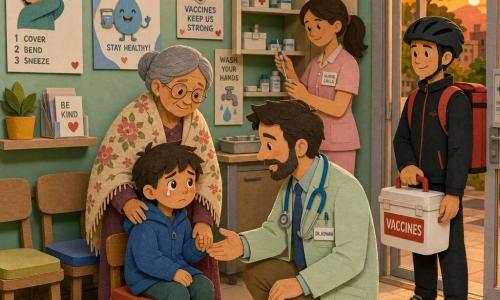 The scene shows Dr. Rowan, a comforting forty-something male doctor kneeling to reassure six-year-old Eli—rosy-cheeked, teary-eyed, holding his grandmother’s hand—while the grandmother, a reassuring seventy-year-old, stands behind him with her hand on his shoulder; Nurse Laila prepares supplies in the background and a young courier waits by the door with a white cooler labeled VACCINES; the small corner clinic has mint walls, warm hanging lights, educational posters, wooden chairs and evening light filtering through a glass door, creating a calm, warm atmosphere with paper-cutout-like contrasts.