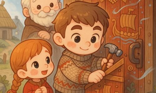 Un joven, Einar, rostro redondo y mirada brillante, con un suéter de lana de motivos nórdicos, clava la última tabla de una puerta de madera tallada; a su izquierda, Lin, una niña de unos 7 años con trenzas y mejillas sonrojadas, sostiene una cuerda coloreada y lo mira con admiración; detrás, el anciano consejero del pueblo, barba blanca y arrugas profundas, observa con las manos cruzadas y una sonrisa tierna; la puerta, en el centro, muestra grabados de barcos vikingos, manos juntas y espirales, con pintura roja y ocre desconchada; alrededor, pequeñas casas de tejado de paja, piedras cubiertas de musgo y un camino de tierra bordeado de estacas bajo un cielo nórdico pálido con una suave aurora boreal; el viento se sugiere con cintas translúcidas y copos de hielo que rozan delicadamente el cabello; iluminación suave, colores cálidos en los personajes (marrones, rojos, amarillos) contrastan con azules y grises fríos del paisaje, con la textura de la madera y la lana bien visibles.