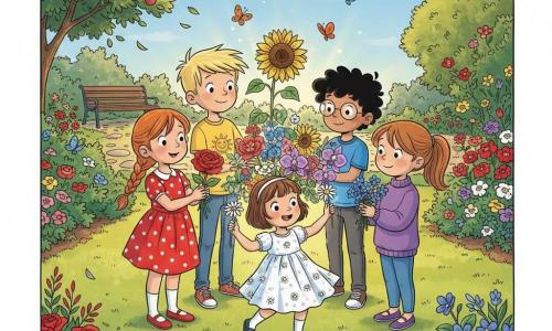 Hay cinco niños en círculo: Ana, una niña pelirroja con trenza y vestido rojo de lunares a la izquierda, sostiene una gran rosa roja; Leo, a la izquierda del centro, pelo rubio y camiseta amarilla con un sol, muestra un gran girasol; Mia, al frente-centro, cabello castaño corto con diadema blanca y vestido blanco con margaritas, agita una margarita; Tomás, al centro-derecha, cabello negro rizado, camisa azul y gafas redondas, sostiene una orquídea violeta; Sofía, a la derecha, coleta castaña clara y suéter violeta, tiene un pequeño ramo de violetas; están en un jardín luminoso al crepúsculo con césped, sendero de piedras, coloridos parterres, mariposas naranjas y azules, un banco de madera y un árbol frutal a la izquierda; reúnen sus flores para formar un gran ramo multicolor que brilla con un halo dorado, expresiones alegres y complicidad, estilo claro, trazos nítidos y colores vivos.