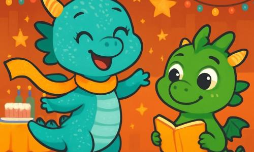 En el centro de la imagen, una pequeña dragona de color turquesa, Nila, con brillantes escamas, baila alegremente, sus ojos brillando de felicidad y una gran sonrisa en su rostro. Lleva una bufanda dorada que vuela a su alrededor, añadiendo un toque mágico a su danza. A su derecha, su primo Taro, un dragón de escamas verdes, mira a Nila con admiración, sosteniendo un pequeño cuaderno dorado en sus patas, listo para escribir versos para el espectáculo. En el fondo, la sala está decorada con guirnaldas coloridas y luces brillantes, con mesas llenas de pasteles y bebidas espumosas. Estrellas doradas brillan en el techo, creando un ambiente festivo y cálido. La escena muestra a Nila y Taro preparando su danza para la fiesta de Año Nuevo, rodeados de risas y alegría, mientras amigos dragones y criaturas mágicas se reúnen a su alrededor, listos para celebrar juntos.