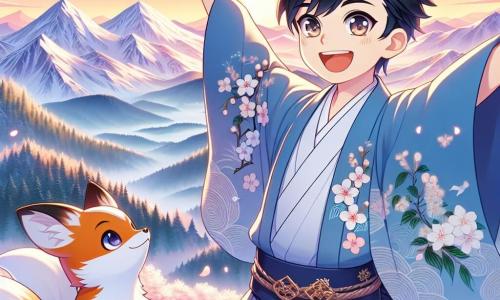 Un joven llamado Hiroshi, de unos 12 años, está de pie en la cima de una majestuosa montaña, con los ojos brillantes de alegría. Lleva un kimono azul con motivos de cerezos en flor y una gran sonrisa. Levanta los brazos en señal de victoria, disfrutando de la vista espectacular. A su lado, Kitsu, un pequeño espíritu en forma de zorro, lo observa con orgullo. Kitsu tiene un pelaje rojizo y una cola esponjosa. El paisaje es impresionante: montañas con picos nevados brillan bajo el sol poniente, y nubes rosas y doradas adornan el cielo. Hiroshi, triunfante en la cima, ha superado sus miedos, listo para compartir sus descubrimientos con el mundo, mientras Kitsu lo anima con benevolencia.
