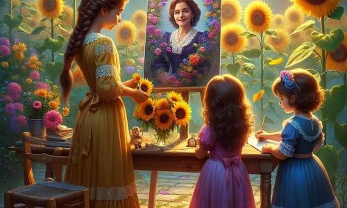 En un jardín soleado lleno de flores coloridas, tres niños están cerca de una mesa de madera. Valentina, una niña de seis años con largas trenzas castañas y un vestido amarillo, mira una foto de su abuela con una sonrisa melancólica. A su derecha, Sofía, una niña de seis años con cabello rizado y un vestido rosa, sostiene un ramo de girasoles, con los ojos brillantes de ternura. A la izquierda, Lucía, una niña de seis años con cabello liso y un vestido azul, dibuja un gran dibujo en una hoja de papel, representando a su abuela rodeada de flores. El jardín está lleno de girasoles gigantes que se mecen suavemente al viento, y un cielo azul claro se extiende sobre ellos, salpicado de algunas nubes blancas. Una ligera brisa hace danzar las hojas de los árboles, añadiendo un toque de magia a la atmósfera. La situación principal muestra a Valentina, Sofía y Lucía celebrando la memoria de la abuela de Valentina al colocar un dibujo colorido sobre la mesa, rodeado de flores, simbolizando el amor y los recuerdos felices que comparten juntos.