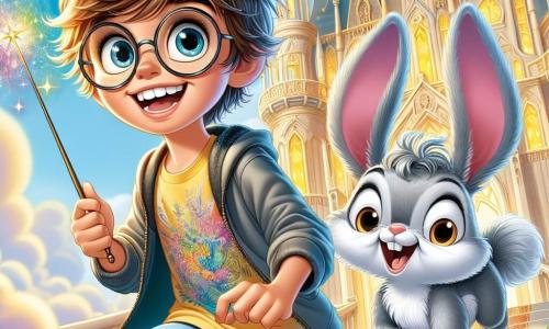 Un niño de 11 años, Lucas, con el cabello despeinado y unas gafas ligeramente grandes, se encuentra en el centro de la escena, con los ojos brillantes de emoción y una sonrisa traviesa. Lleva una camiseta colorida y un pantalón corto, sosteniendo una varita que brilla con colores vivos, listo para lanzar un hechizo. A su lado, un adorable conejo llamado Sisebuto, con grandes orejas caídas y pelaje gris, salta alegremente, como si acabara de contar un chiste. El escenario es el majestuoso Castillo de las Nubes, suspendido en el aire, rodeado de nubes suaves y esponjosas. La situación principal muestra a Lucas y Sisebuto, determinados, listos para enfrentar el desafío de salvar a la Princesa Dormilona, dormida en una cama flotante, mientras se dirigen hacia una puerta decorada con motivos nublados, simbolizando su aventura fantástica.