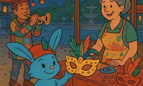 El personaje principal es Lumo, un pequeño ser de pelaje azul con orejas largas en forma de hoja, gorra con una estrella y cola que suelta chispitas rosas, que sostiene una gran máscara dorada con plumas verdes frente a un puesto; la señora Naira, vendedora humana de mediana edad con delantal manchado y cabello recogido, sonríe detrás de la mesa; a la izquierda un músico con trompeta y ropa de parches observa y toca suavemente; al fondo a la derecha dos niños disfrazados (una mariposa y un jaguar de cartón) aplauden con confeti; la escena ocurre de noche en la plaza del carnaval junto al río, con puestos de madera pintados, farolillos de papel colgados, banderolas, suelo empedrado cubierto de confeti y serpentinas y una fuente iluminada; Lumo devuelve la máscara en un ambiente alegre, colorido (rojo, amarillo, verde, azul) y ordenado, con texturas de plumas, cuentas y papel.