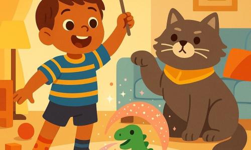 A smiling, amazed 4-year-old boy with short brown hair, mismatched socks and a blue-and-yellow striped shirt joyfully waves a spoon turned into a wand with a gold star sticker while Captain Whiskers, a large fluffy gray cat with white whiskers, sits to his right with a raised paw, a small bright green plastic dinosaur in front of him 
