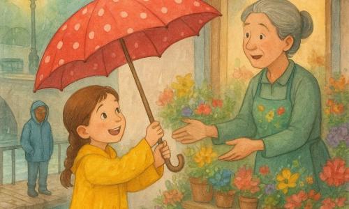 Bambina di 8 anni entusiasta e orgogliosa, capelli castani in treccia, cappotto giallo sgargiante macchiato di gocce, porge un grande ombrello rosso a pois bianchi verso una donna; sorride a occhi lucidi, postura sicura, la donna di circa 50 anni, la fioraia, capelli grigi raccolti a chignon, grembiule verde decorato di fiori, accoglie l'ombrello sorpresa e grata sotto il suo portico tra mazzi colorati; sullo sfondo un uomo sui 40, il guardiano della chiusa in cerata blu vicino a un piccolo cancello di ferro con le mani in tasca; luogo: davanti a una piccola bottega di fiori sul canale, selciato bagnato, lampada gialla che si riflette sull'acqua, passerella in legno e chiusa a sinistra; scena: consegna dell'ombrello sotto il portico sotto una pioggia fine, atmosfera calda nonostante il grigio, colori vivaci su sfondo acquerellato, composizione centrata sul gesto del donare.