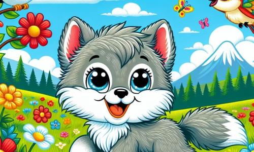 In the center of the image, a small joyful wolf with gray fur and sparkling curious eyes is hopping in a field of colorful flowers, a big smile on its face. To its right, a bird with bright red and yellow feathers sings happily on a branch, with eyes shining with joy. To its left, a beautiful butterfly with multicolored wings flutters around the flowers, wearing a joyful expression as if dancing in the air. The setting is a vast green field sprinkled with red, yellow, and blue flowers, under a clear blue sky with a few fluffy white clouds floating gently. The main scene shows the small wolf playing and exploring the field, surrounded by its friends, celebrating the arrival of spring with laughter and songs, creating a joyful and colorful atmosphere.