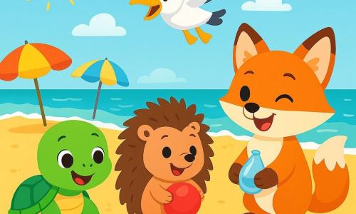 Una piccola tartaruga di nome Tessa, con un guscio verde e lucido, si trova sulla spiaggia, gli occhi scintillanti di gioia. Guarda conchiglie colorate sulla sabbia dorata, con un grande sorriso sul volto. Accanto a lei, Lillo il riccio, con i suoi aculei marroni e i piccoli occhi curiosi, tiene una palla rossa tra le zampe anteriori, ridendo di felicità. Bea la volpe, con il suo pelo arancione brillante e la coda folta, porta una piccola borsa d'acqua e fa l'occhiolino a Tessa, piena di entusiasmo. Pio il gabbiano, con le piume bianche e grigie, vola sopra di loro, le ali spiegate, gridando gioiosamente. La scena si svolge su una spiaggia soleggiata, con onde turchesi che si infrangono dolcemente sulla riva, ombrelloni colorati piantati nella sabbia e conchiglie scintillanti sparse ovunque. Tessa e i suoi amici si divertono a creare un giardino di conchiglie, rendendo la spiaggia ancora più bella, mentre godono della loro giornata estiva soleggiata.