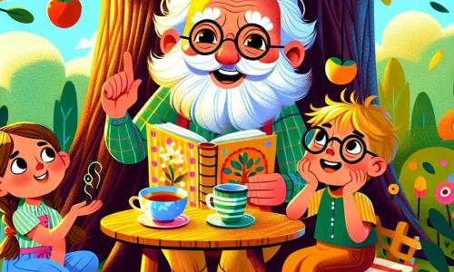 An elderly man, Mr. Teddy Macintosh, with a cloud-like white beard and round glasses, smiles joyfully while holding a cup of tea. His eyes sparkle with happiness, and he wears a colorful plaid shirt. Beside him, an 8-year-old girl, Emily, with braided brown hair, attentively observes an illustrated book in her hands. She sits on a wooden chair with her legs crossed, looking amazed. A 7-year-old boy, Jake, with messy hair and glasses, is raising his hands to ask a question, his face showing curiosity. The scene takes place in a sunny garden filled with colorful flowers and a large oak tree with branches extending like protective arms. A small wooden table is set with colorful tea cups and delicious cookies. Mr. Teddy, surrounded by the children, shares captivating stories while serving tea and treats, creating a joyful and warm atmosphere where learning and friendship intertwine.