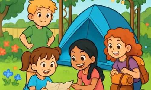 There are 4 characters: Lily, a 9-year-old girl with brown hair in pigtails, wearing a blue t-shirt and floral shorts, sitting on the ground with a crumpled map in her hands and an excited look; Maya, a 9-year-old girl with smooth black hair in a braid, wearing a pink dress and sandals, leaning over the map next to Lily with a playful smile; a friend, a 9-year-old boy with messy blonde hair, wearing a green t-shirt and beige shorts, standing behind the girls with his hands on his hips, ready to listen to their ideas; and a girl friend, a 9-year-old with curly red hair, wearing a purple t-shirt and jeans, crouching next to the boy with a backpack full of camping supplies. The scene takes place in a lush garden filled with colorful flowers and leafy trees, with a small blue tent set up under a trellis adorned with twinkling lights. The soft, fresh grass covers the ground, and the bright blue sky is dotted with fluffy white clouds. The main situation shows the children enthusiastically planning a camping night in the garden, smiling and laughing together amidst the beauty of nature.