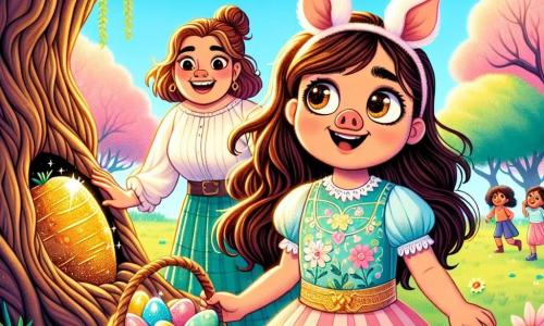 Uma menina de 10 anos, Sofia, com longos cabelos castanhos e olhos brilhantes de curiosidade, usa um vestido pastel e orelhas de porquinho na cabeça. Ela está em frente a uma grande árvore retorcida, seu rosto radiante de excitação ao descobrir uma cenoura dourada brilhante aos pés da árvore. Ao seu lado, sua mãe, uma mulher de cerca de trinta anos com cabelos castanhos presos em um coque, sorri e segura uma grande cesta cheia de ovos coloridos, observando a filha com orgulho. O parque está decorado para a Páscoa com corações de papel, guirlandas coloridas e flores vibrantes, enquanto crianças brincam e riem ao redor. O céu está azul e ensolarado, acrescentando uma atmosfera alegre. Sofia, intrigada, se inclina para pegar a cenoura dourada e encontra um pequeno bilhete misterioso preso a ela, iniciando uma aventura mágica.