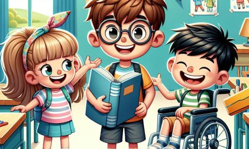 En primer plano, Tomás, un niño de 10 años con cabello castaño desordenado y gafas redondas, sonríe alegremente mientras sostiene un gran libro en sus manos. A su derecha, Sandra, una niña de 10 años con cabello largo y rubio, lleva un pañuelo colorido y tiene una gran sonrisa, sosteniendo un lápiz gigante. A la izquierda, Lucas, un niño de 10 años con cabello castaño y camiseta a rayas, está sentado en su silla de ruedas, riendo con sus amigos. Finalmente, Mateo, un niño de 10 años con cabello negro y gafas de sol, hace un gesto divertido con los brazos, sumando a la atmósfera alegre. El decorado es un aula luminosa y colorida, con paredes pintadas de azul claro y carteles educativos. Los escritorios de madera están dispuestos en semicírculo, y una gran ventana deja entrar la luz del sol, iluminando los rostros de los niños. En la pizarra se ven dibujos coloridos y palabras inspiradoras. La situación principal muestra a los niños compartiendo sus esperanzas para el año escolar, rodeados de útiles escolares coloridos, creando una atmósfera de emoción y amistad, listos para comenzar su nueva aventura juntos.